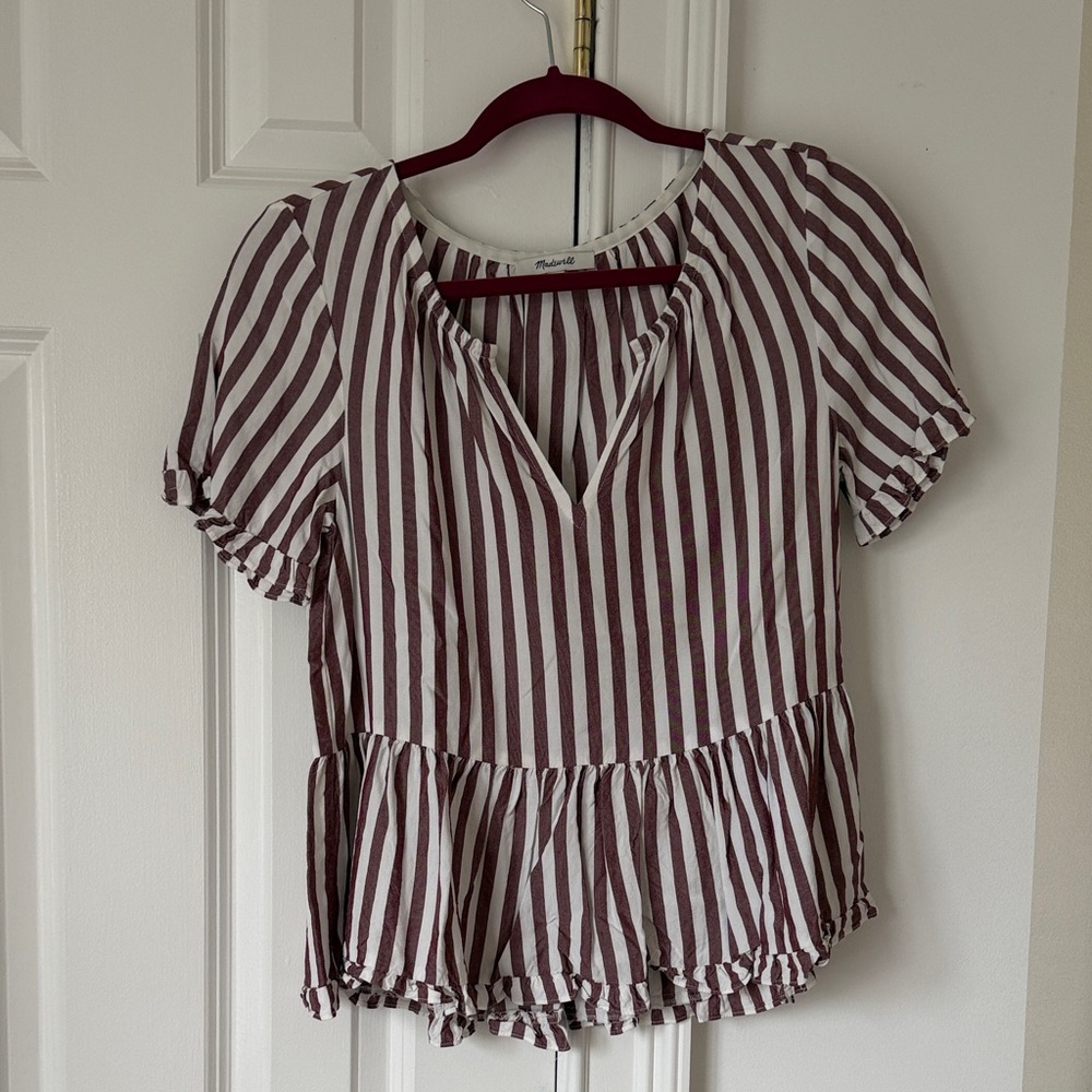 Madewell Striped V-Neck Ruffle Hem Top Size XS